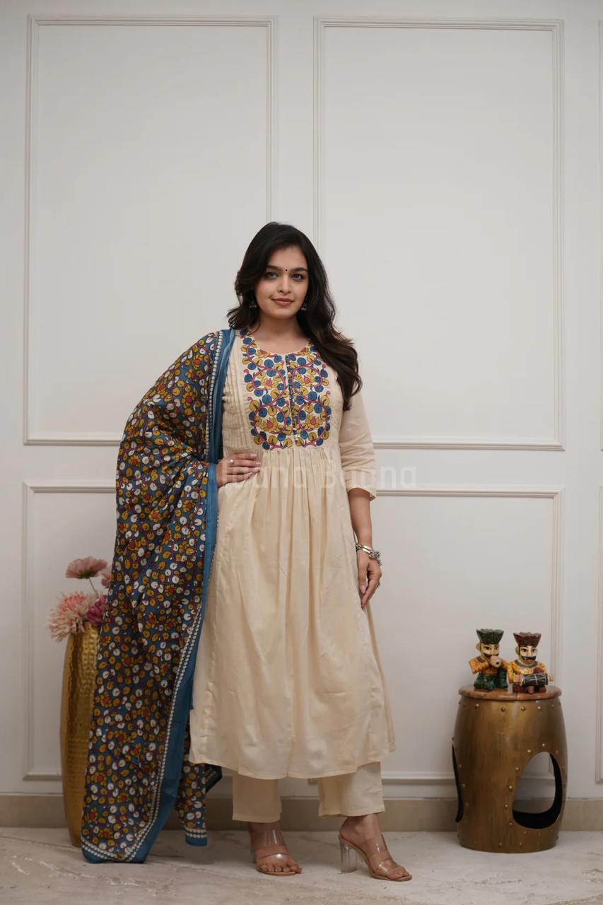 Cream Embroidered anarkli Cotton Kurta Pant Set with Printed Dupatta for Women