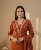Women's Brown Embroidered Kurta Pant with Dupatta Set