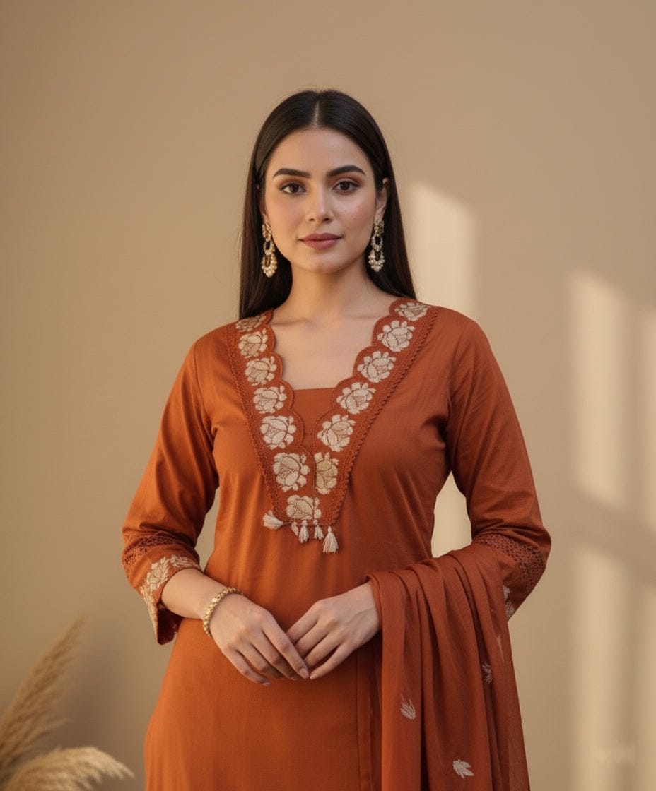 Women's Brown Embroidered Kurta Pant with Dupatta Set