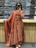 Women's Rust Brown Printed Anarkali Kurta Pant Set with Dupatta set#women suit#salwar suit set#