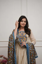 Cream Embroidered anarkli Cotton Kurta Pant Set with Printed Dupatta for Women
