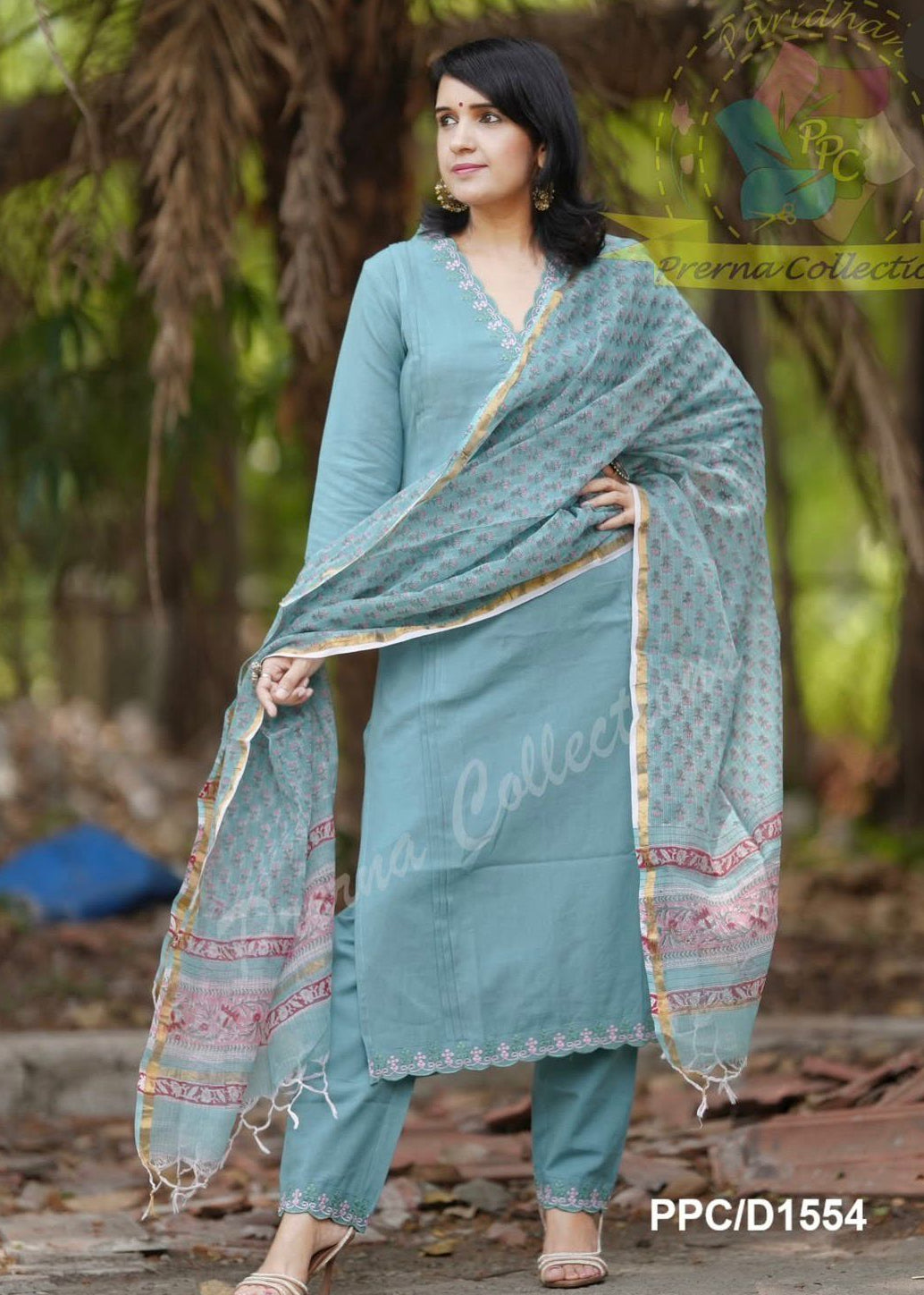 Women's Sky Blue Embroidered Kurta Pant Set with Printed Dupatta