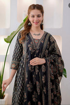 Women's Ethnic black rust Printed Kurta Pant Dupatta Set | Traditional Floral & Geometric Design | Anarkali Style Suit Set