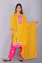 Women's Yellow Printed Kurta Palazzo Dupatta Set with Mirror Work and gota work kurti,pink palazzo
