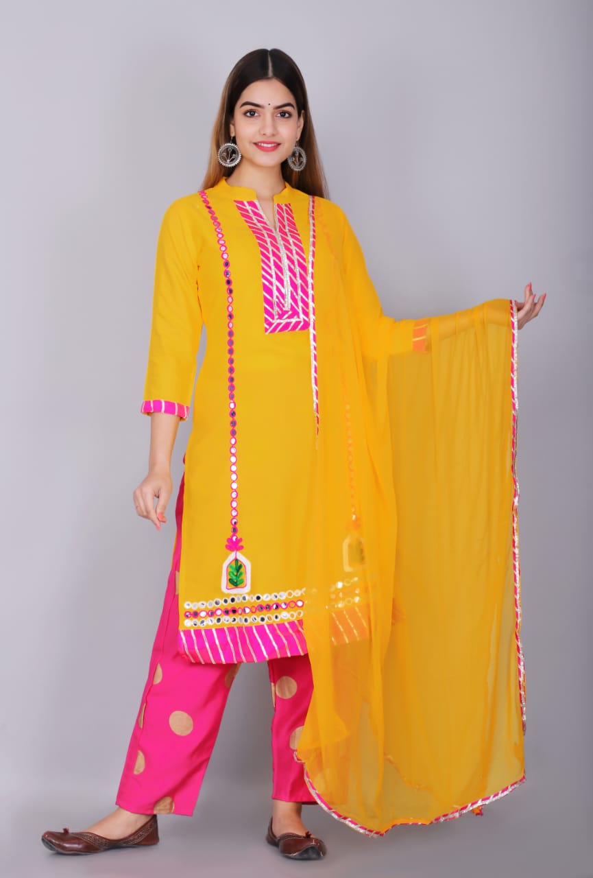 Women's Yellow Printed Kurta Palazzo Dupatta Set with Mirror Work and gota work kurti,pink palazzo