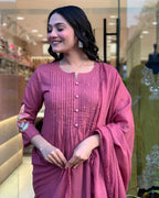 Rose Pink Floral Embroidered Kurta Pant Set with Dupatta for Women