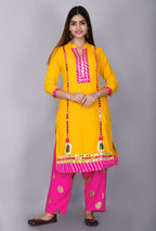 Women's Yellow Printed Kurta Palazzo Dupatta Set with Mirror Work and gota work kurti,pink palazzo