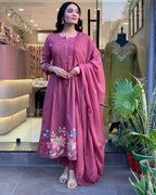 Rose Pink Floral Embroidered Kurta Pant Set with Dupatta for Women