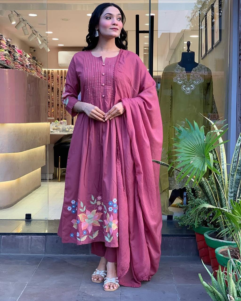 Rose Pink Floral Embroidered Kurta Pant Set with Dupatta for Women