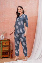 Women's Grey Leaf Print Co-ord Set | Stylish Casual Top & Pant Set