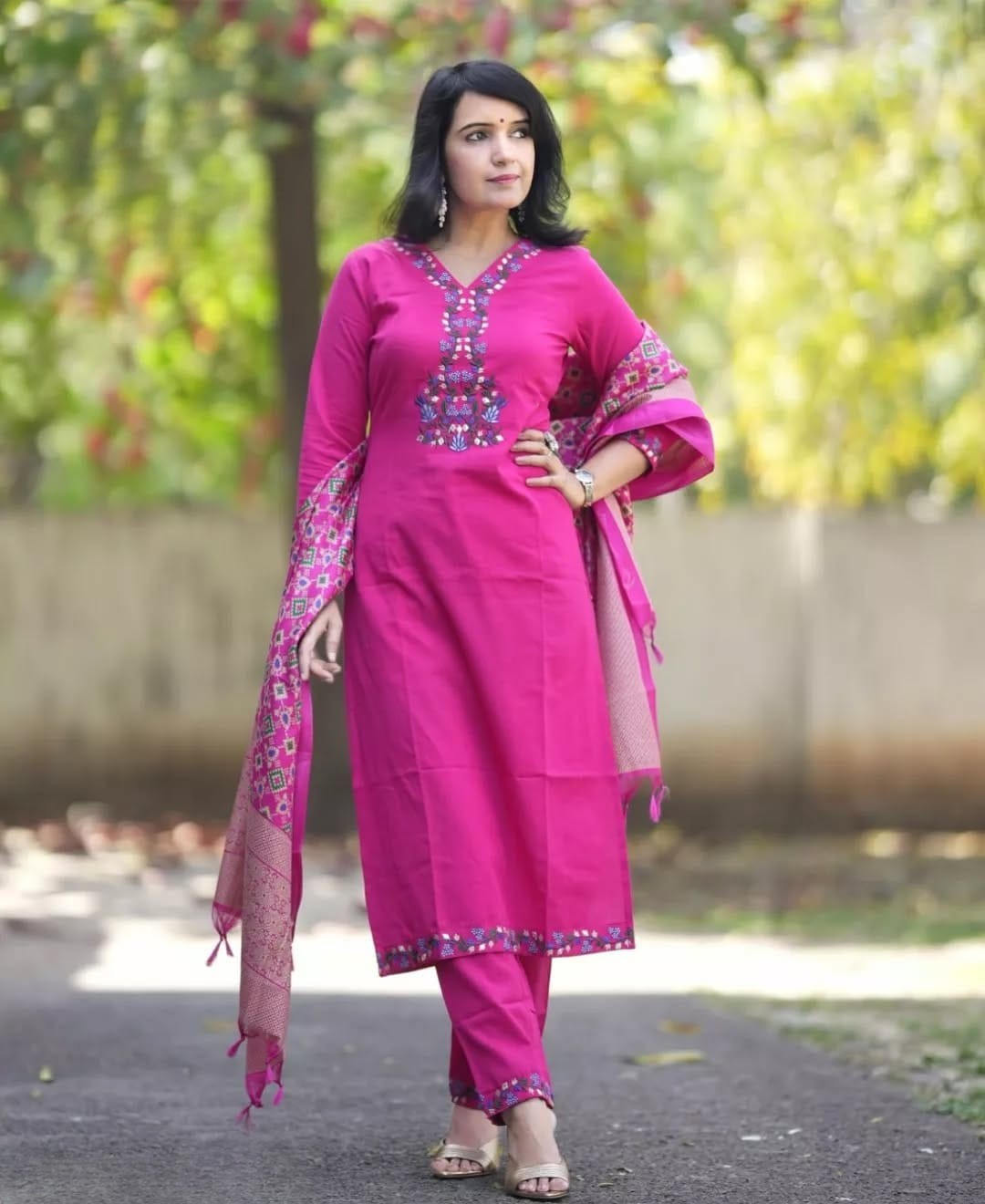 Women's Pink Embroidered Kurta Pant Set with Printed Dupatta