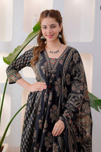 Women's Ethnic black rust Printed Kurta Pant Dupatta Set | Traditional Floral & Geometric Design | Anarkali Style Suit Set