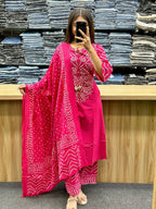 Women's Pink Bandhani Printed Kurta Pant with printed Dupatta Set