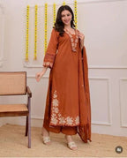 Women's Brown Embroidered Kurta Pant with Dupatta Set