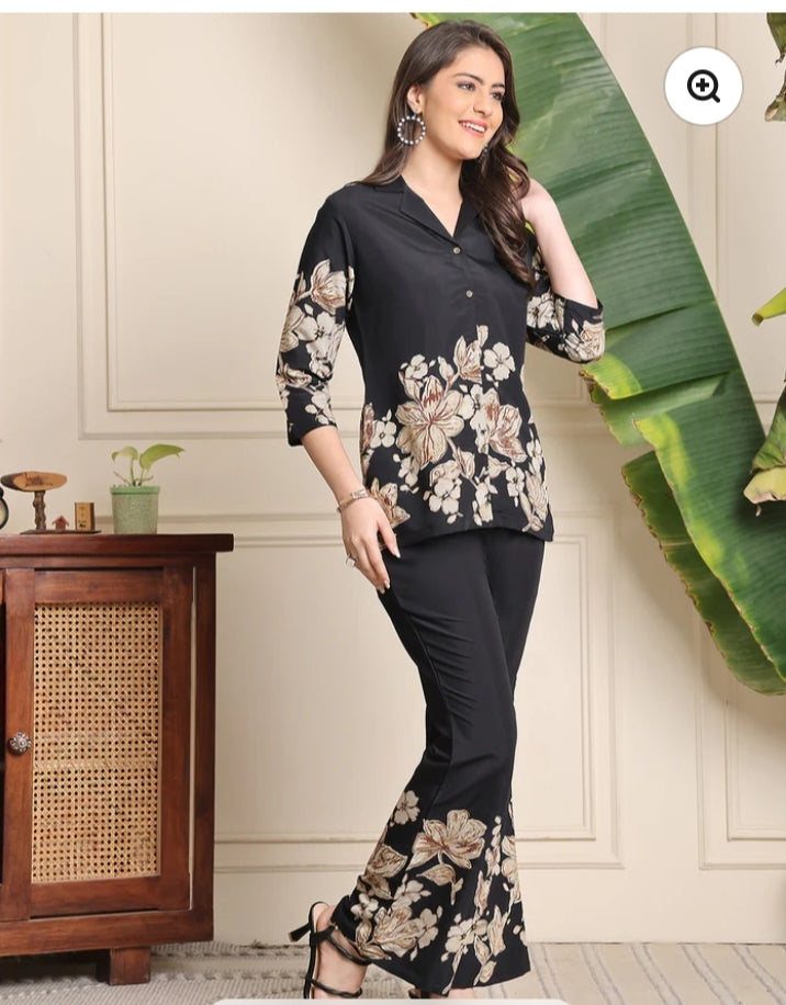Women's Black Floral Printed Co-Ord Set – Stylish Shirt