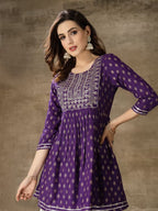 womens purple printed short kurta with white patiala salwar set