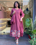 Rose Pink Floral Embroidered Kurta Pant Set with Dupatta for Women