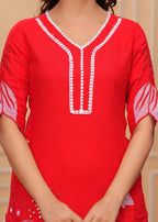 Women's red,sky ilaychi and black embroidered kurta pant set, with V-neck design and floral embroidery