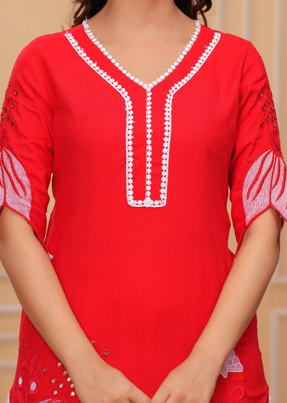 Women's red,sky ilaychi and black embroidered kurta pant set, with V-neck design and floral embroidery