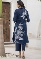 Women’s Navy Blue Floral Printed Straight Kurta with Palazzo Set |
