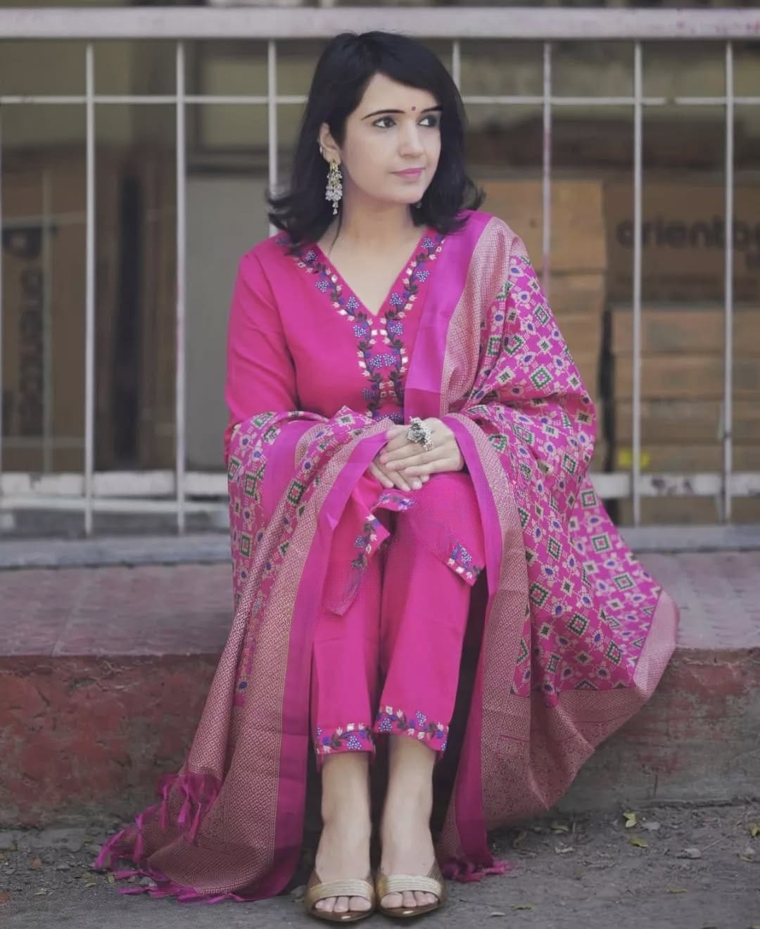Women's Pink Embroidered Kurta Pant Set with Printed Dupatta