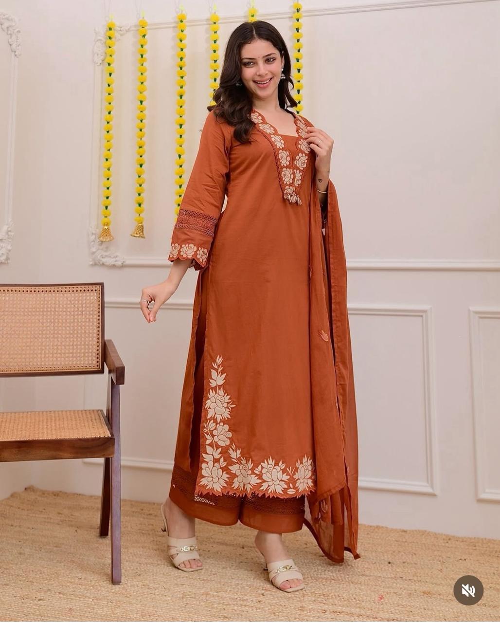 Women's Brown Embroidered Kurta Pant with Dupatta Set