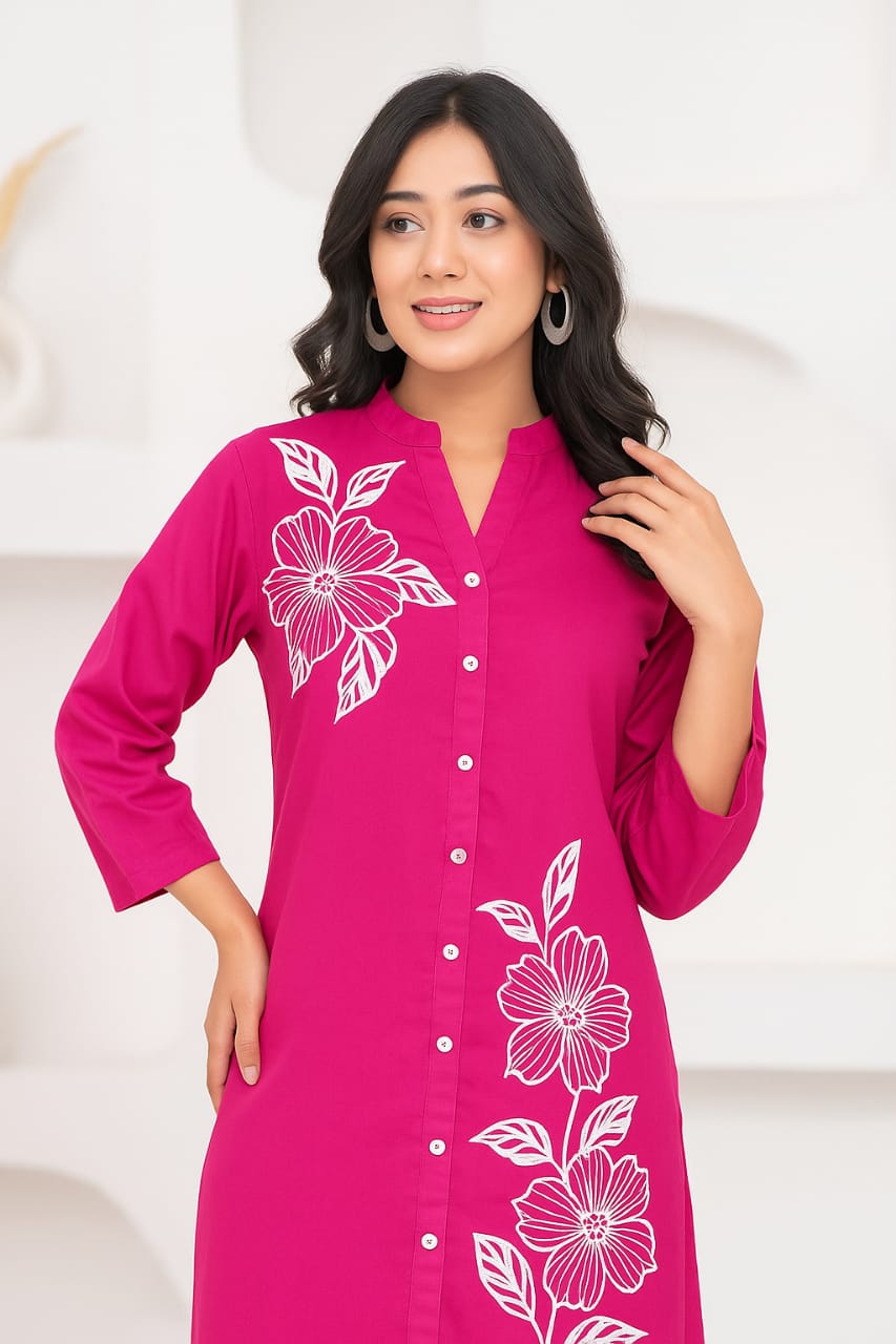 Women's Rani Pink Floral Printed Straight Kurta with Pants Set