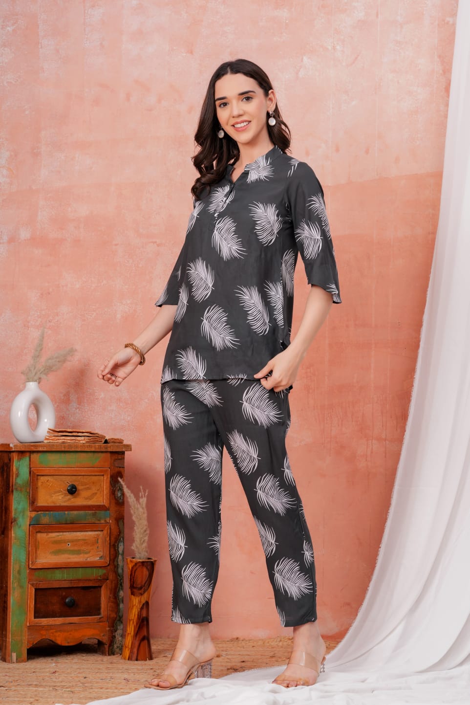 Women's Grey Leaf Print Co-ord Set | Stylish Casual Top & Pant Set