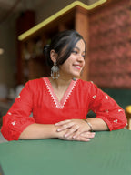 Women's Red A-Line Kurta with V-Neck Lace and 3/4 sleeves comfortable fit.