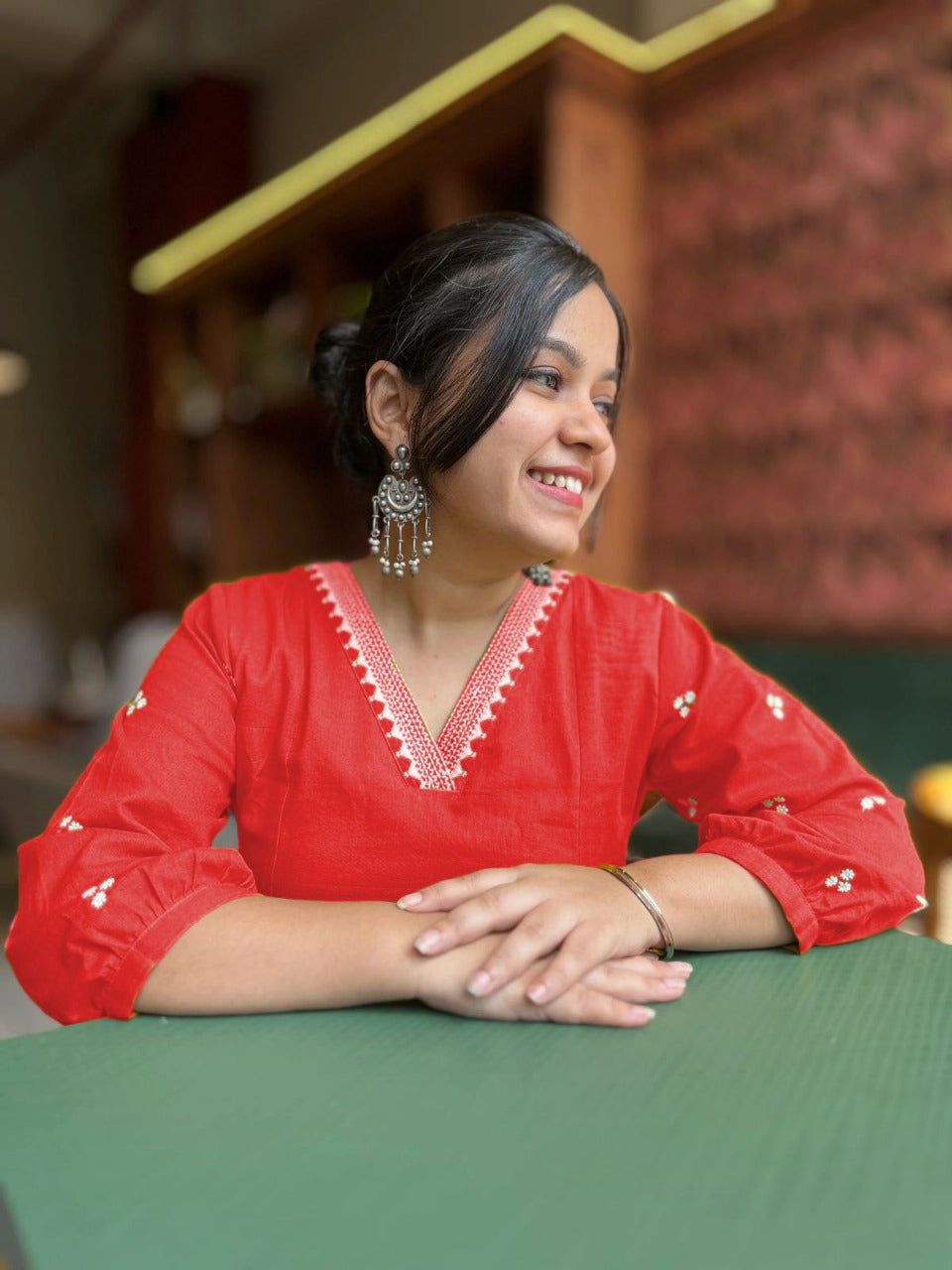 Women's Red A-Line Kurta with V-Neck Lace and 3/4 sleeves comfortable fit.