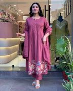 Rose Pink Floral Embroidered Kurta Pant Set with Dupatta for Women