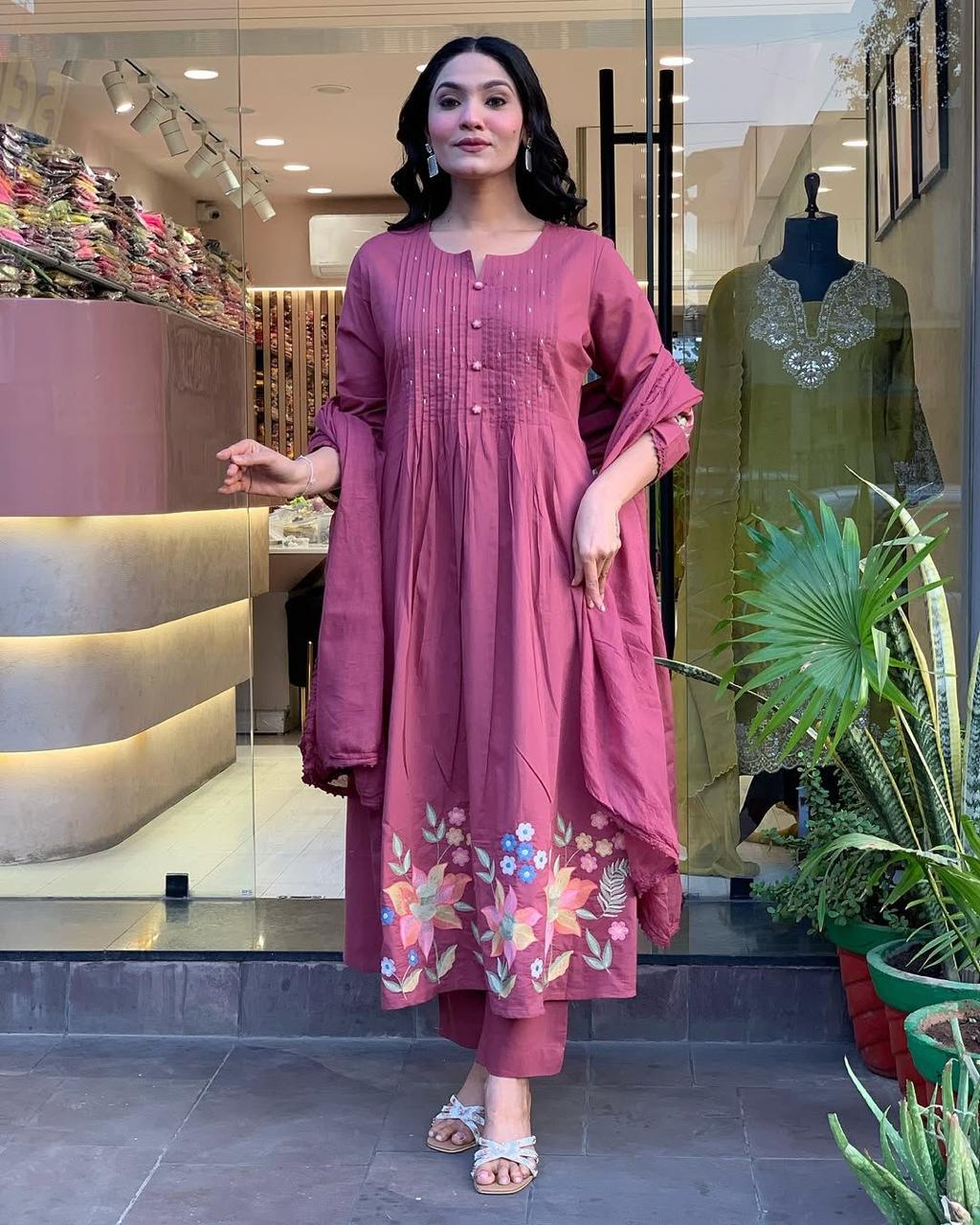 Rose Pink Floral Embroidered Kurta Pant Set with Dupatta for Women