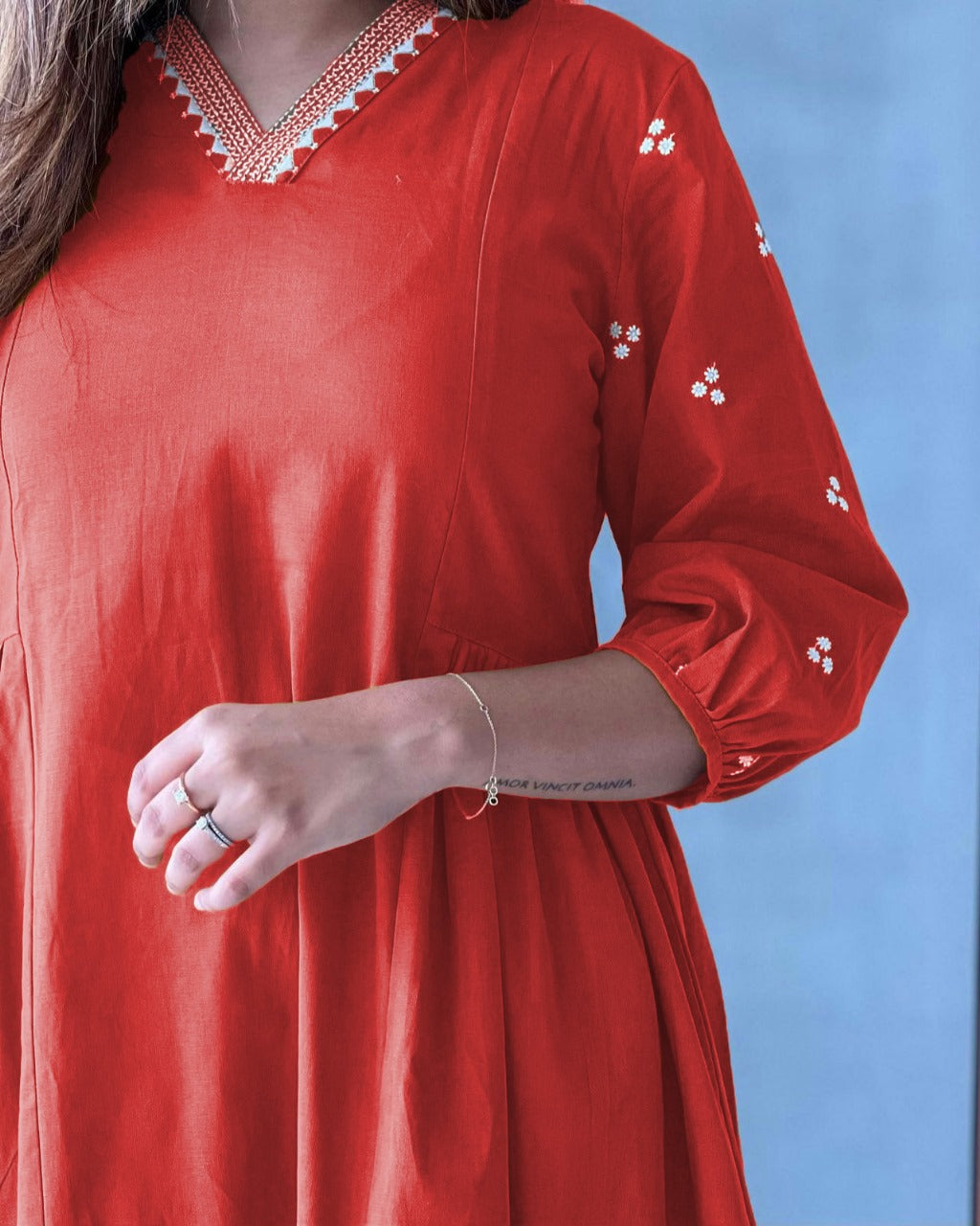 Women's Red A-Line Kurta with V-Neck Lace and 3/4 sleeves comfortable fit.