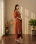 Women's Brown Embroidered Kurta Pant with Dupatta Set