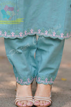 Women's Sky Blue Embroidered Kurta Pant Set with Printed Dupatta