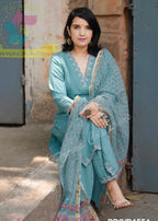 Women's Sky Blue Embroidered Kurta Pant Set with Printed Dupatta