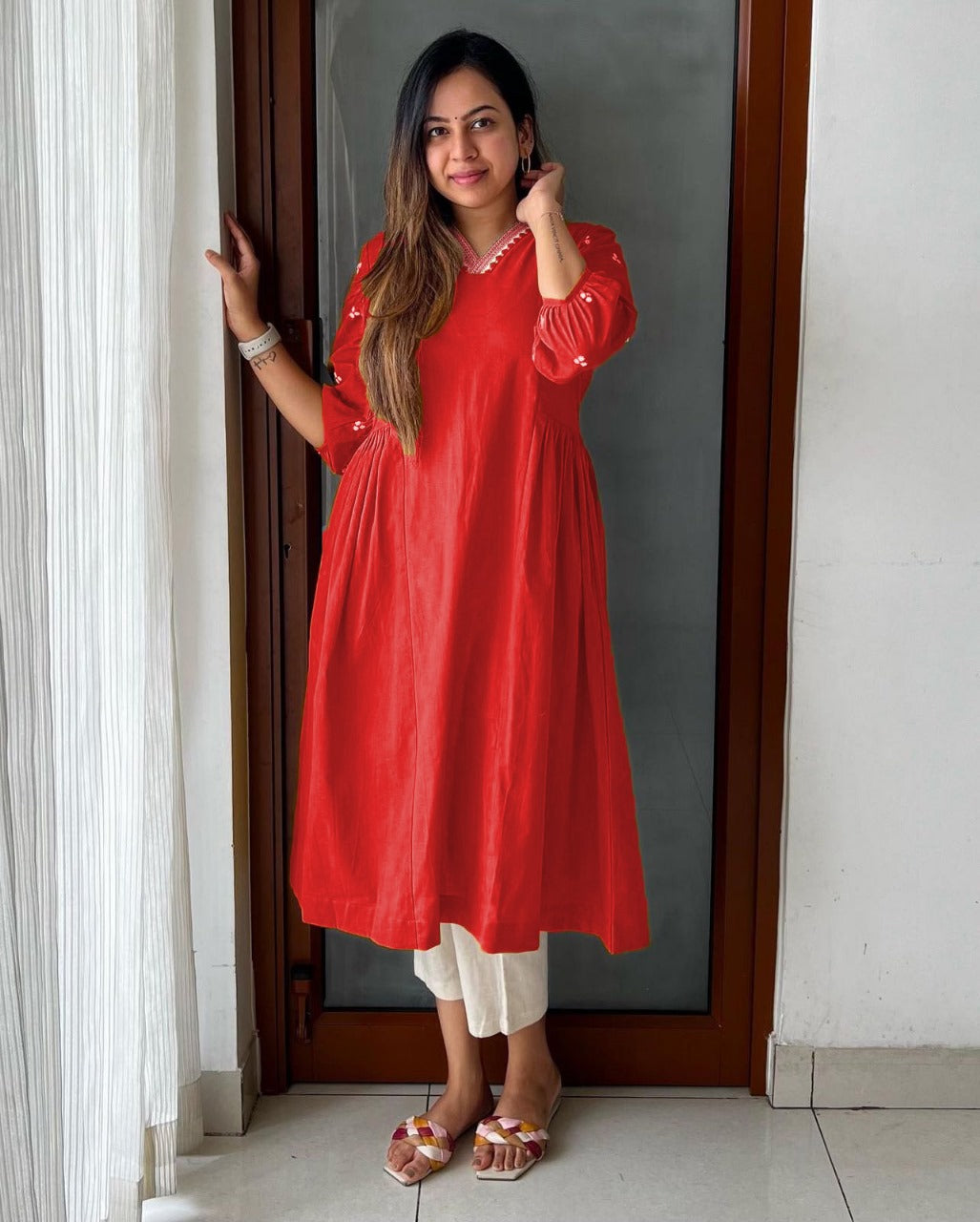 Women's Red A-Line Kurta with V-Neck Lace and 3/4 sleeves comfortable fit.