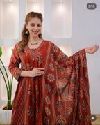 Women's Ethnic black rust Printed Kurta Pant Dupatta Set | Traditional Floral & Geometric Design | Anarkali Style Suit Set