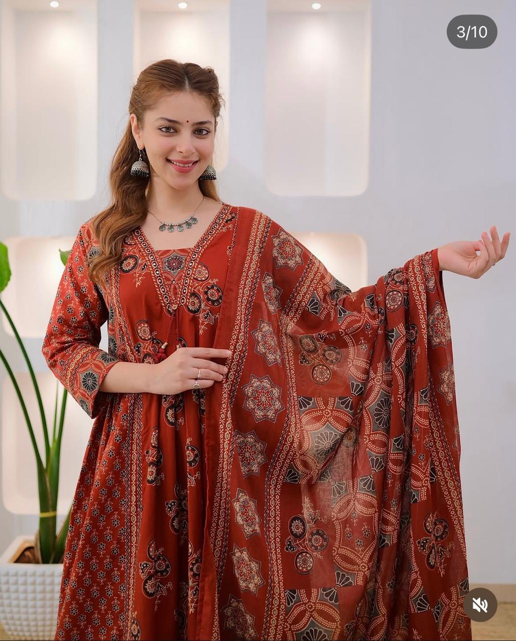 Women's Ethnic black rust Printed Kurta Pant Dupatta Set | Traditional Floral & Geometric Design | Anarkali Style Suit Set