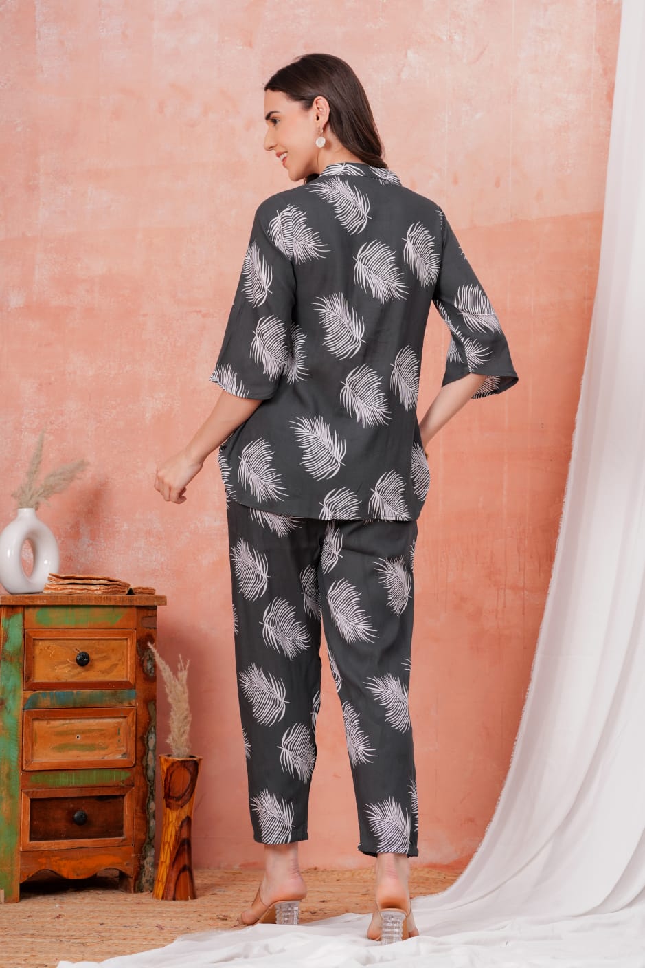 Women's Grey Leaf Print Co-ord Set | Stylish Casual Top & Pant Set