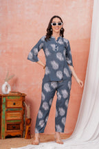 Women's Grey Leaf Print Co-ord Set | Stylish Casual Top & Pant Set